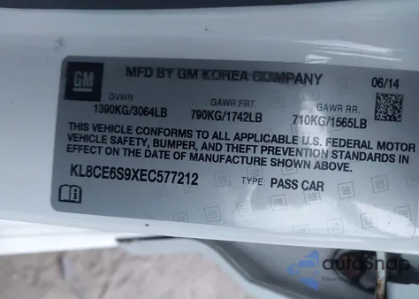 2014 Chevrolet Spark 2Lt Manual z USA, uszkodzony, nr VIN KL8CE6S9XEC577212